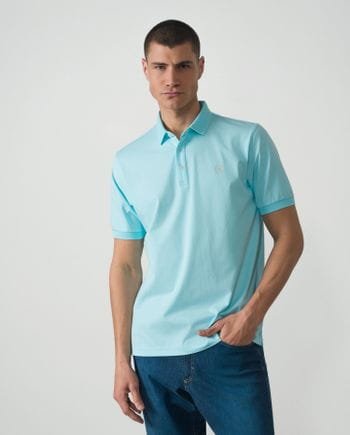 Short sleeved polo shirt with structure collar in mercerised cotton jersey