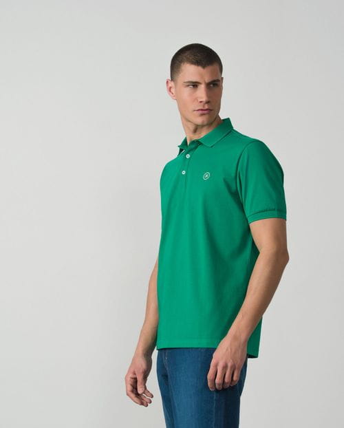 Short sleeved polo shirt with structure collar in mercerised cotton jersey