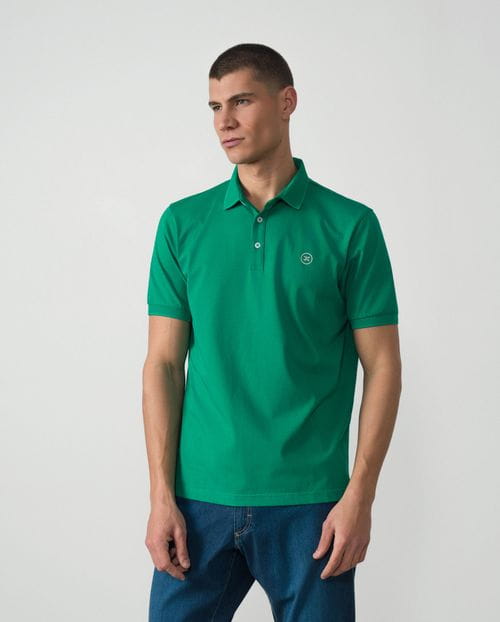 Short sleeved polo shirt with structure collar in mercerised cotton jersey