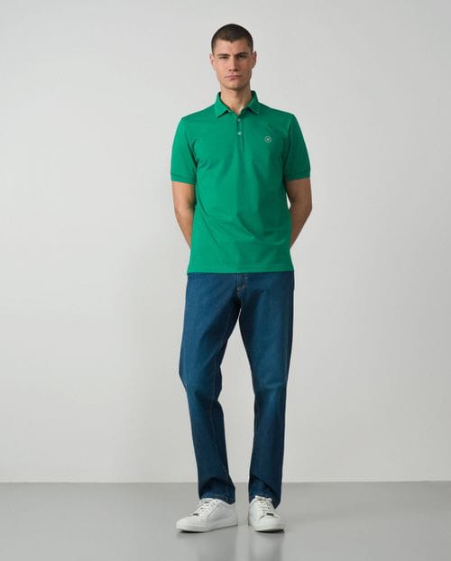 Short sleeved polo shirt with structure collar in mercerised cotton jersey