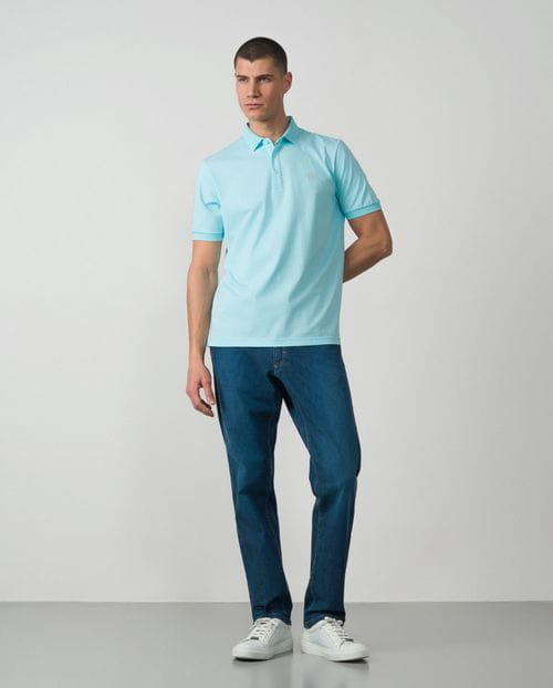 Short sleeved polo shirt with structure collar in mercerised cotton jersey