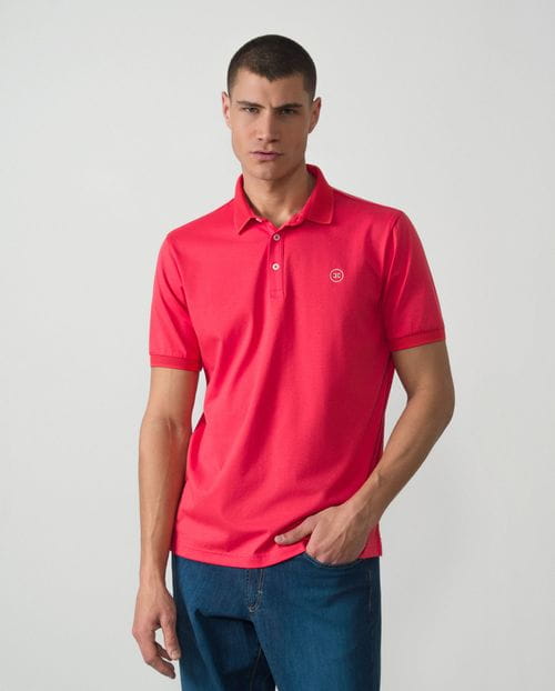 Short sleeved polo shirt with structure collar in mercerised cotton jersey