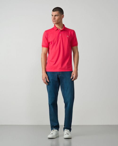 Short sleeved polo shirt with structure collar in mercerised cotton jersey