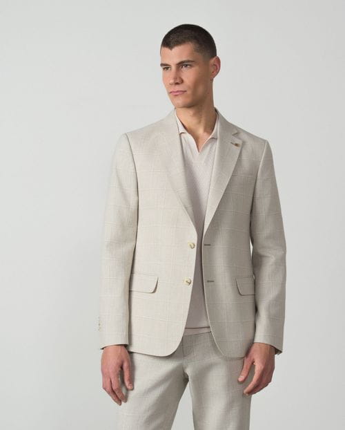 <p>Americana desestructurada <em>regular fit</em> en cuadro ventana de lino algodón</p>