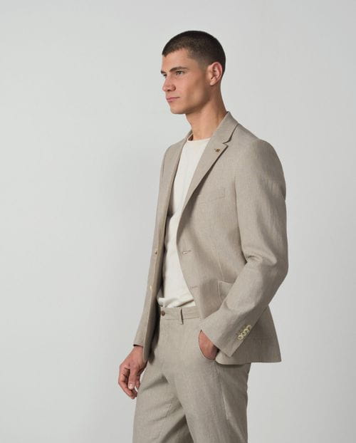 Unstructured and unlined slim fit blazer made from linen-cotton stripes