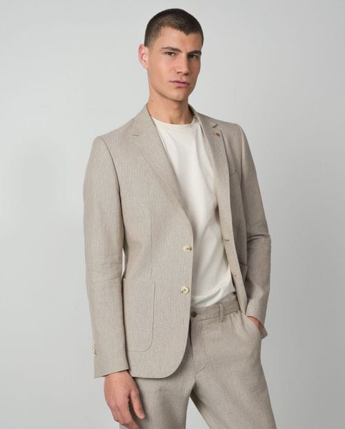 Unstructured and unlined slim fit blazer made from linen-cotton stripes