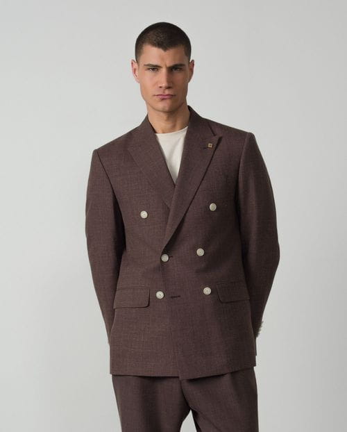 Slim fit double-breasted blazer from plain rustic wool-linen fabric