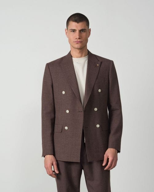 Slim fit double-breasted blazer from plain rustic wool-linen fabric