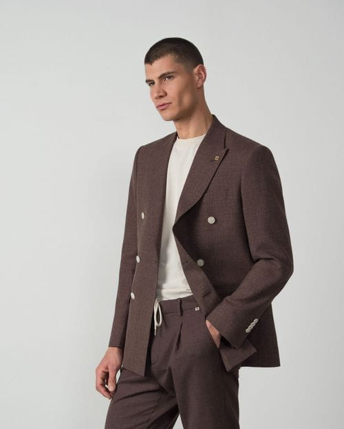 Slim fit double-breasted blazer from plain rustic wool-linen fabric