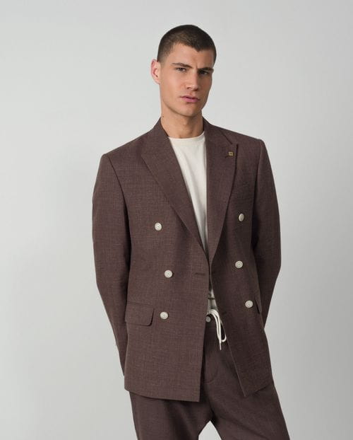 Slim fit double-breasted blazer from plain rustic wool-linen fabric
