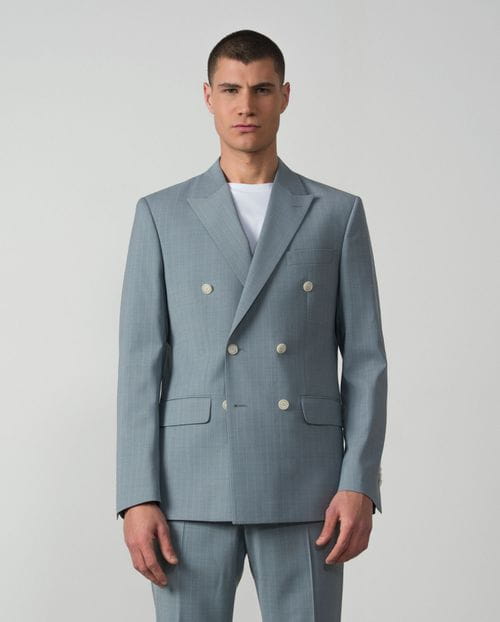 <p>Traje cruzado <em>slim fit</em> en raya diplomática de lana mezcla elástica</p>