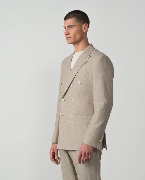 <p>Traje cruzado<em> slim fit</em> de rayas finas en lino-algodón</p>