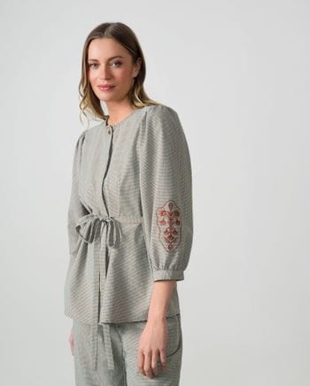 Gingham check blouse with embroidered sleeves