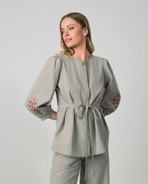 Gingham check blouse with embroidered sleeves