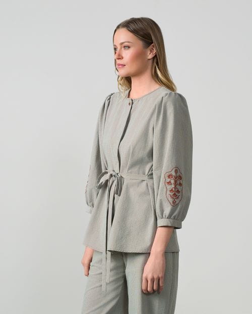 Gingham check blouse with embroidered sleeves