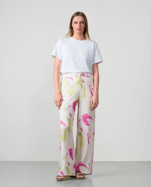 Wide-leg trousers with elasticated waistband in watercolour print