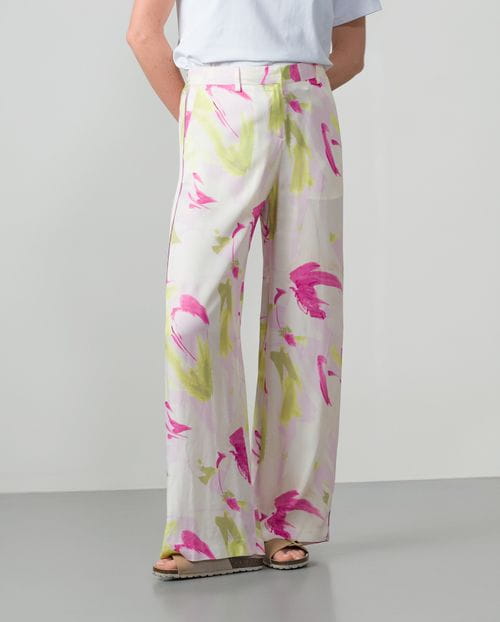 Wide-leg trousers with elasticated waistband in watercolour print