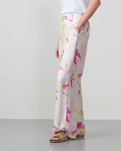 Wide-leg trousers with elasticated waistband in watercolour print