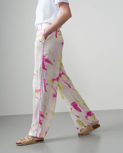 Wide-leg trousers with elasticated waistband in watercolour print