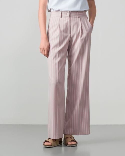 Wide-leg pleated trousers in ivory pinstripe with silver lurex thread on soft pink base