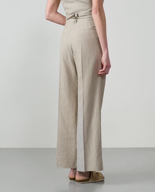 Wide-leg pleated trousers in stone and sand linen-cotton pinstripe