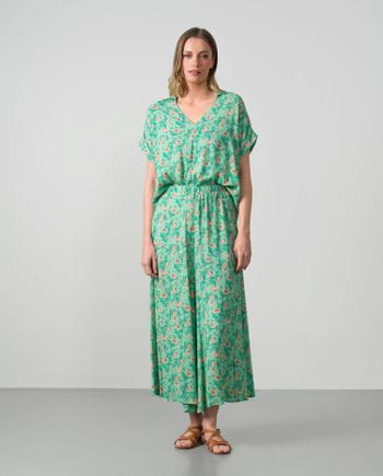Wide-leg pants with elastic waistband in printed rustic viscose