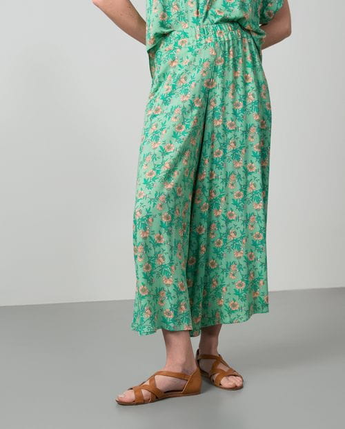 Pantalón ancho de cintura elástica en viscosa rústica estampada