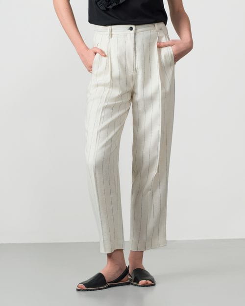 Barrel pleated trousers in linen-viscose pinstripe