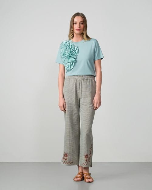 Pantalón de cuadro vichy con cintura elástica y bordado en el bajo