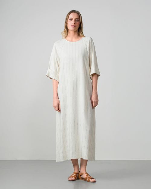 Long A-line dress in linen-viscose pinstripe