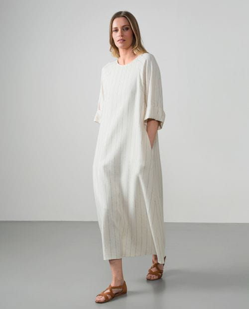 Long A-line dress in linen-viscose pinstripe