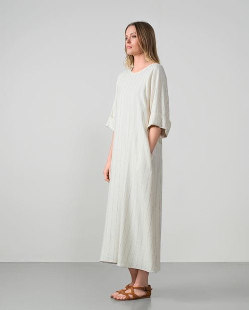 Long A-line dress in linen-viscose pinstripe