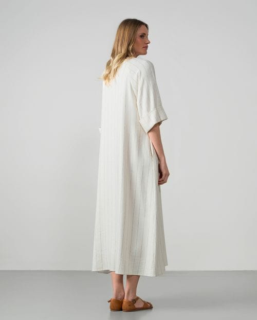 Long A-line dress in linen-viscose pinstripe