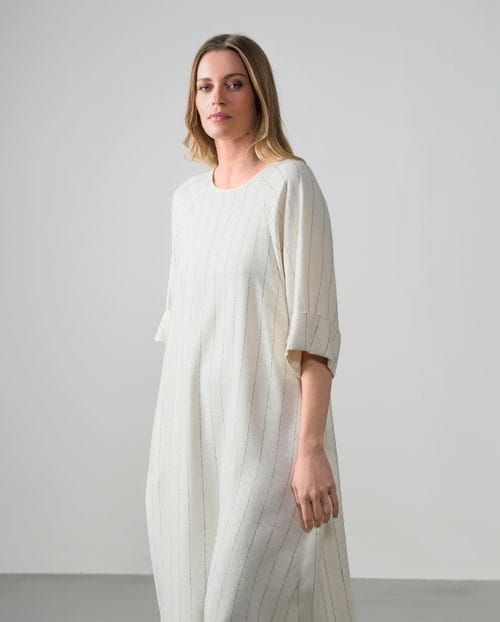 Long A-line dress in linen-viscose pinstripe