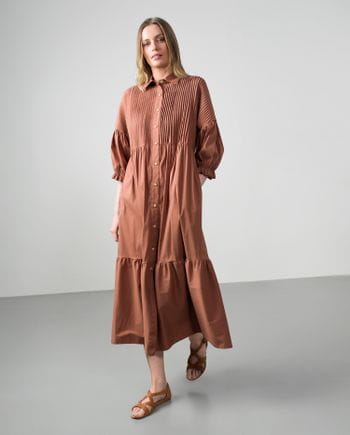 Vestido camisero largo de manga abullonada en popelín de algodón