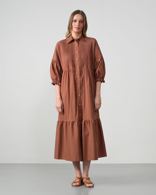 Vestido camisero largo de manga abullonada en popelín de algodón