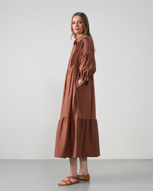Vestido camisero largo de manga abullonada en popelín de algodón