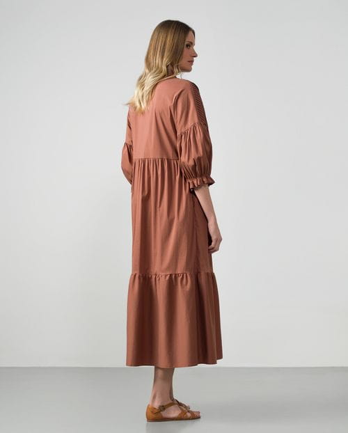 Vestido camisero largo de manga abullonada en popelín de algodón