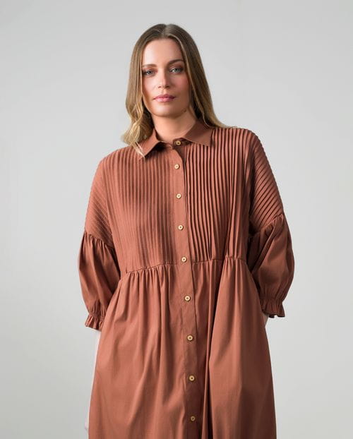 Vestido camisero largo de manga abullonada en popelín de algodón